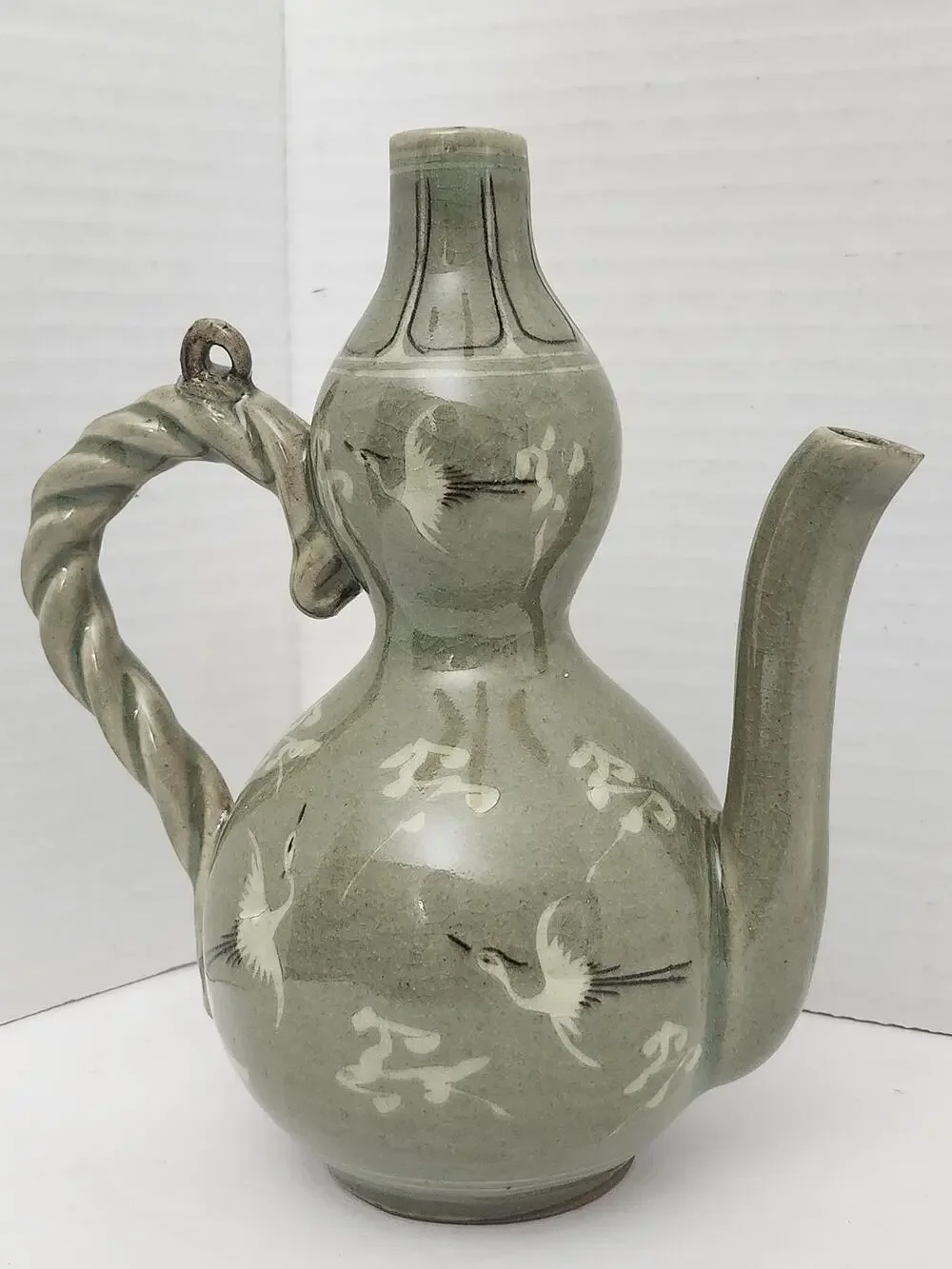 Vintage Korean Goryeo Style Celadon Ewer Crane Double Gourd Teapot Pitcher